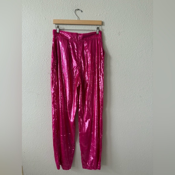 Michael Lo Sordo Marina Metallic Velvet Wide Leg Pant in Bright Hot Pink - Picture 4 of 7